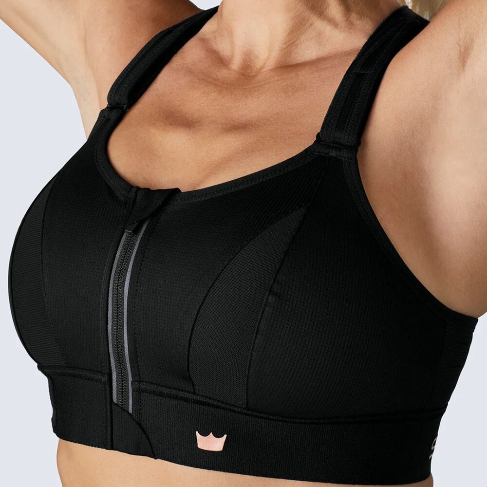 SHEFIT High Support Front-Zip Sports Bra in Black 6Luxe
